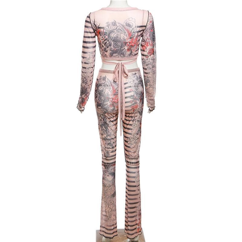 Unleash Your Inner Dragon: Y2K Tattoo Mesh Wrap Top & Flare Pants Set - Fall & Halloween Statement
