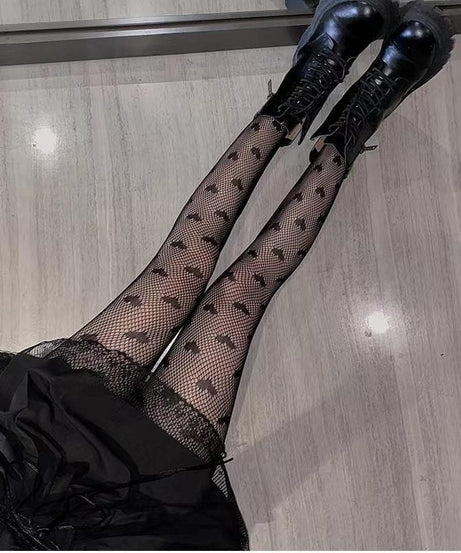 Unleash Your Inner Witch: Bat Pattern Fishnet Tights - Halloween & Edgy Fall Style for Women