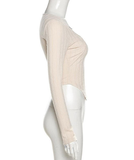 Elevated Fall Ribbed Knit Long Sleeve Top | Chic Chain & Buckle Detail, Asymmetrical Hem