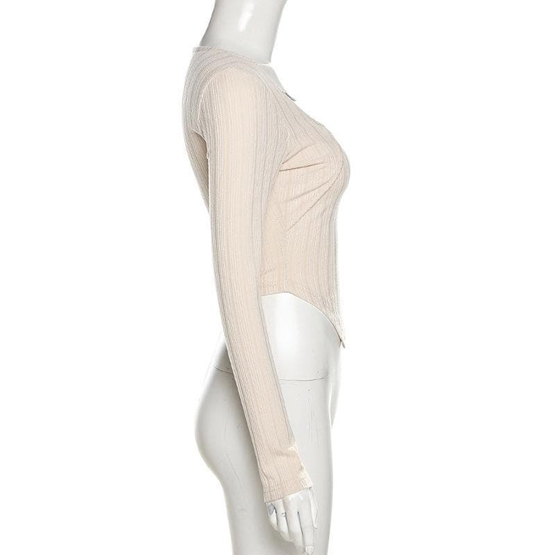 Elevated Fall Ribbed Knit Long Sleeve Top | Chic Chain & Buckle Detail, Asymmetrical Hem