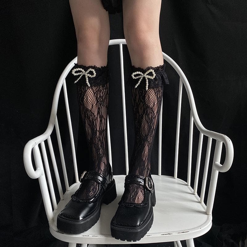 Enchanting Sheer Lace Bow Knee High Socks | Gothic Glam & Dark Academia Fall Fashion