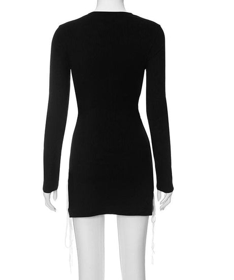 Edgy Chic Long Sleeve Lace-Up Mini Dress - Black Bodycon Zip-Up for Fall Nights & Holiday Parties