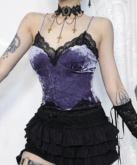 Regal Plum Velvet & Lace Gothic Cami Top | Spooky Season Glamour & Fall Style
