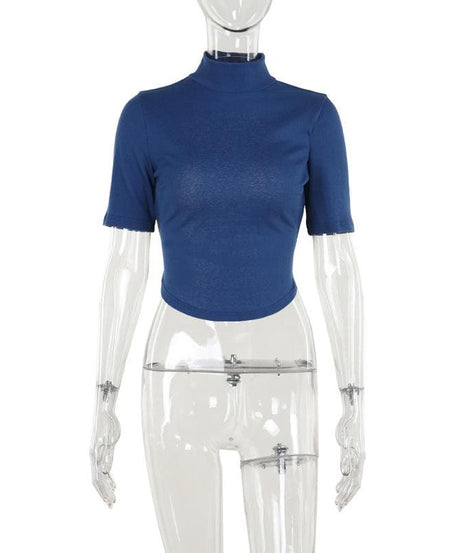 Effortless Fall Style: Chic Navy Blue Mock Neck Short Sleeve Crop Top for Women