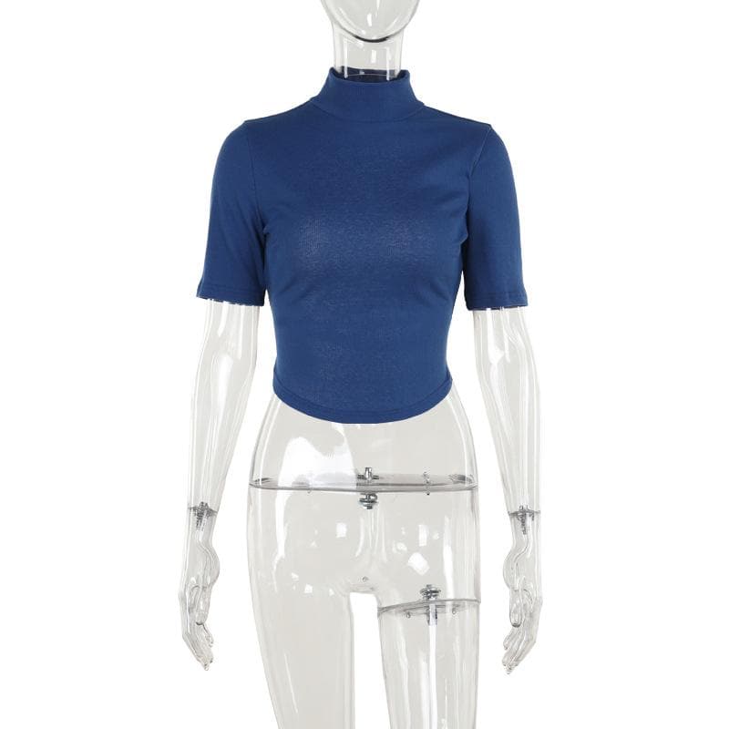 Effortless Fall Style: Chic Navy Blue Mock Neck Short Sleeve Crop Top for Women