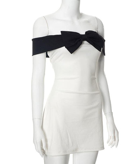 Elegant White Off-Shoulder Mini Dress with Statement Black Bow - Fall Party & Date Night Ready
