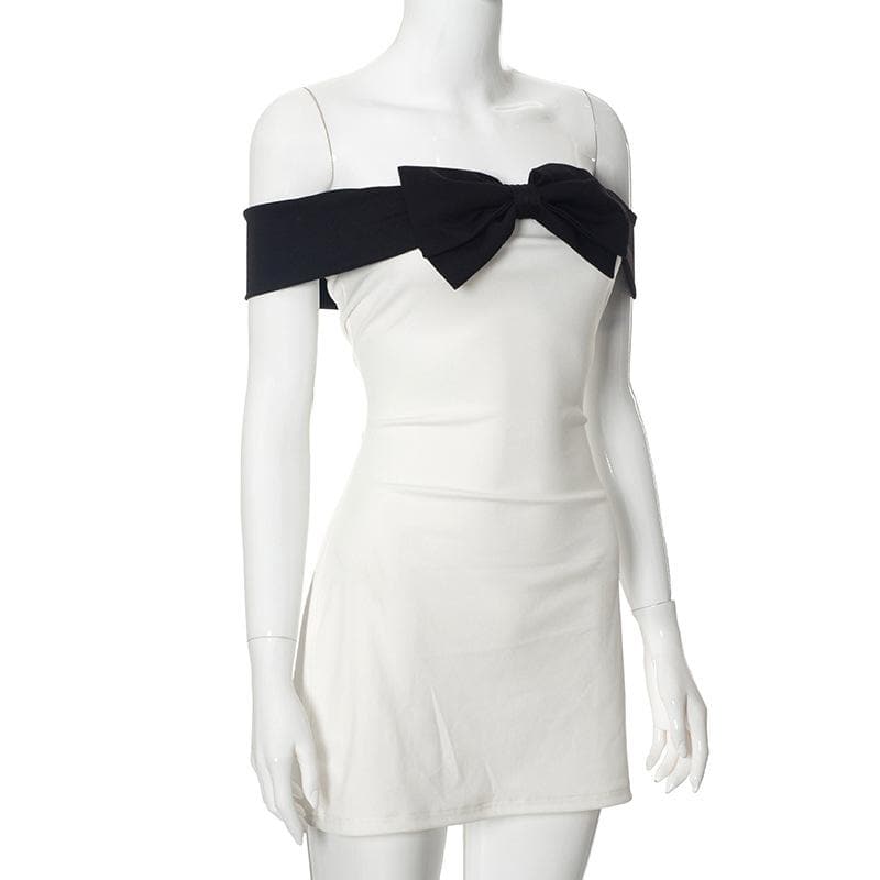 Elegant White Off-Shoulder Mini Dress with Statement Black Bow - Fall Party & Date Night Ready