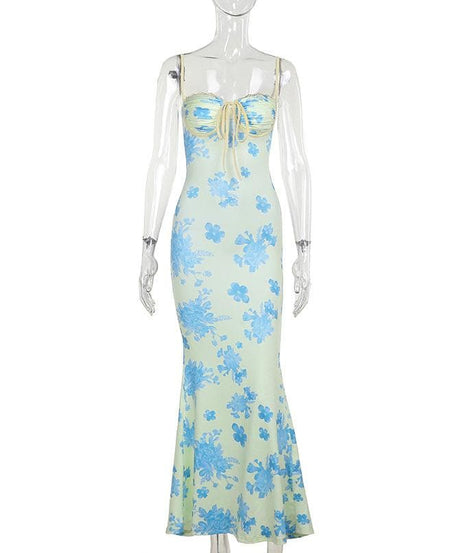 Chic Blue Floral Sweetheart Maxi Dress – Elegant Ruched Bust & Mermaid Hem for Resort Getaways