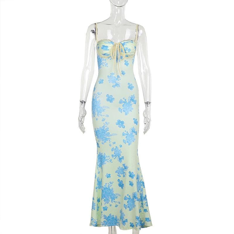 Chic Blue Floral Sweetheart Maxi Dress – Elegant Ruched Bust & Mermaid Hem for Resort Getaways