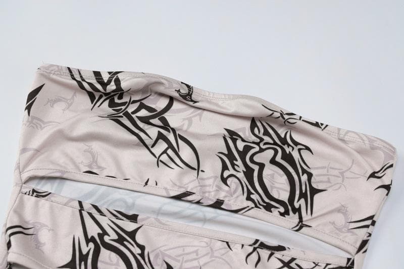 Y2K Tribal Tattoo Print Cut-Out Maxi Skirt & Tube Top Set - Edgy Fall Party & Halloween Glam