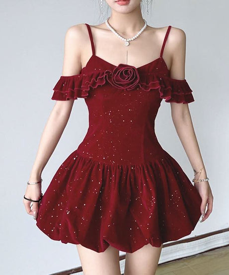 Stardust Rose Velvet Mini Dress - Glamorous 2-Way Off-Shoulder for Holiday Parties & NYE
