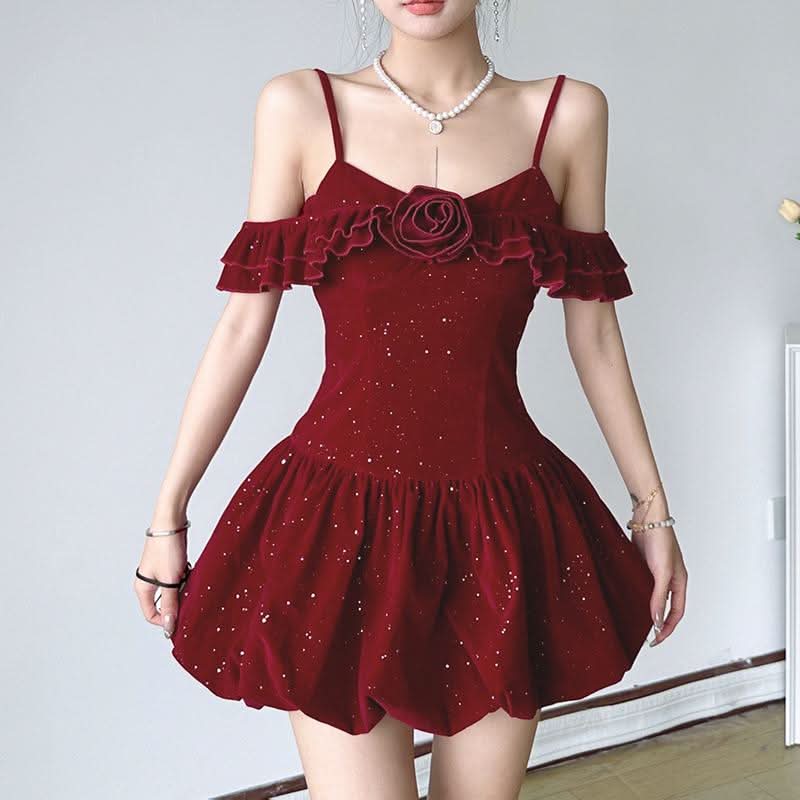 Stardust Rose Velvet Mini Dress - Glamorous 2-Way Off-Shoulder for Holiday Parties & NYE