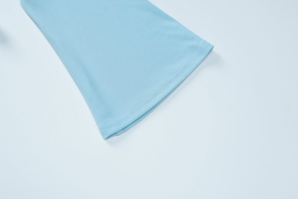 Fall Flair: Sky Blue Ribbed Bell Sleeve Crop Top & Flare Pant Set - Cozy Chic Loungewear