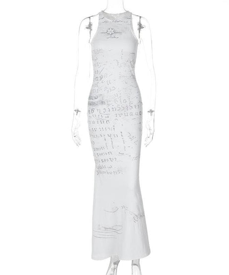 Autumn Archive Print Sleeveless Maxi Dress - Chic Bodycon Crewneck for Effortless Fall Style