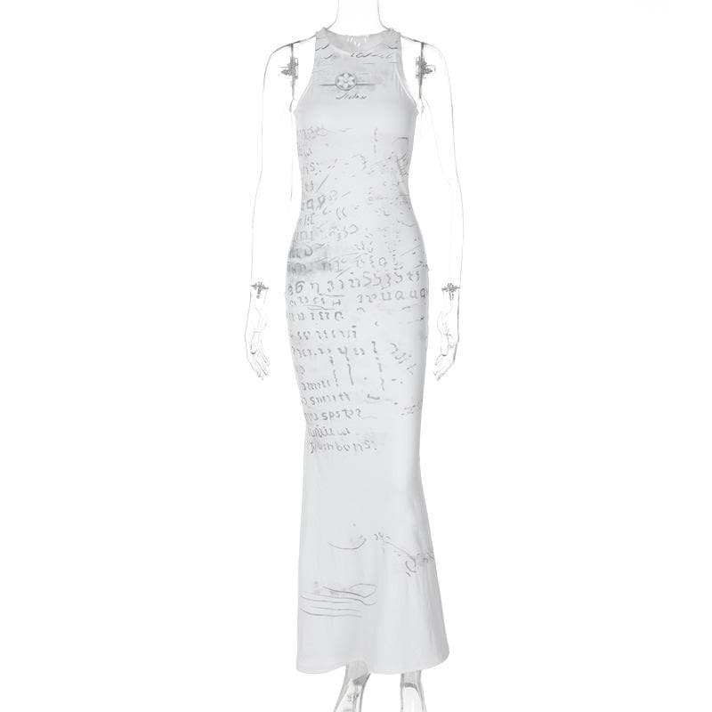 Autumn Archive Print Sleeveless Maxi Dress - Chic Bodycon Crewneck for Effortless Fall Style