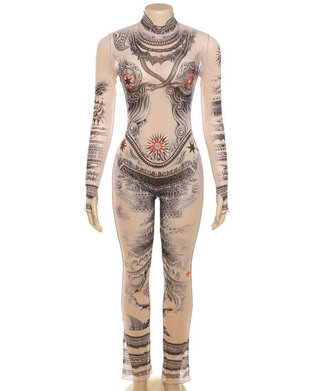 Illusion Tattoo Print Mesh Jumpsuit - Second Skin Fall & Halloween Statement Piece