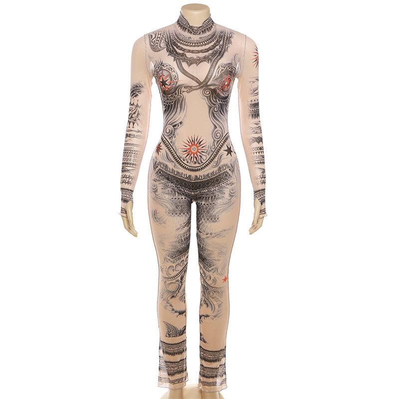 Illusion Tattoo Print Mesh Jumpsuit - Second Skin Fall & Halloween Statement Piece