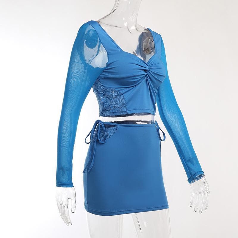 Royal Blue Obsession: Mesh & Lace Cutout Mini Skirt Set - Fall Night Out
