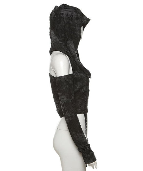 Mystique Velvet Cold Shoulder Cropped Hoodie | Edgy Studded Gothcore Top for Fall & Halloween