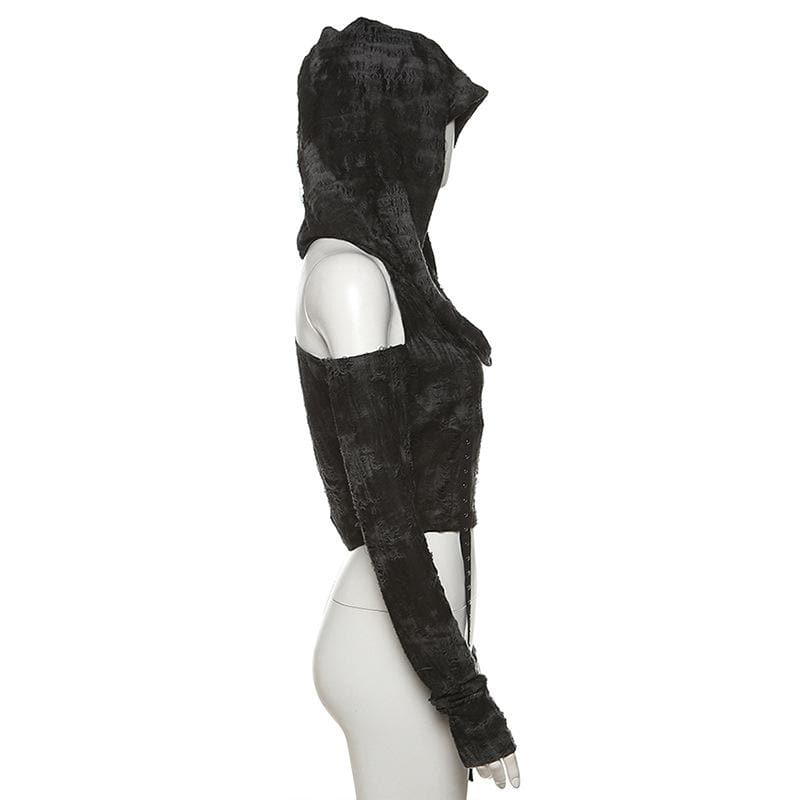 Mystique Velvet Cold Shoulder Cropped Hoodie | Edgy Studded Gothcore Top for Fall & Halloween