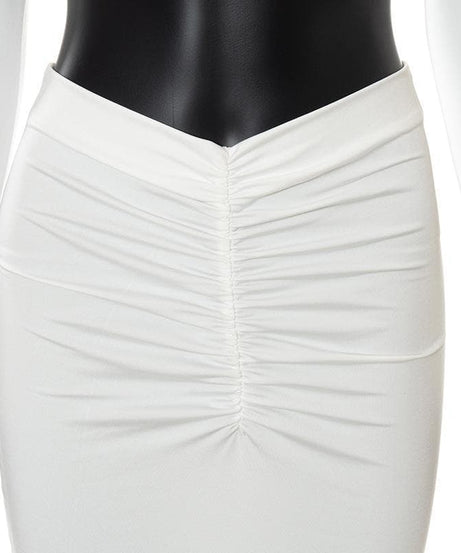 Sleek White Mock Neck Crop Top & Ruched Maxi Skirt Set - Chic Fall & Holiday Essential