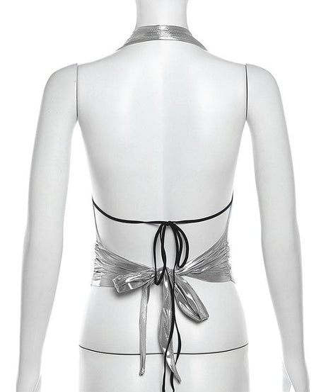 Sparkle & Slay: Y2K Metallic Silver Cowl Neck Halter Top – Your Ultimate Party & Holiday Glam Piece!