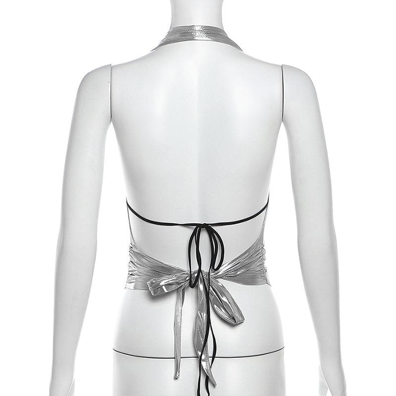 Sparkle & Slay: Y2K Metallic Silver Cowl Neck Halter Top – Your Ultimate Party & Holiday Glam Piece!