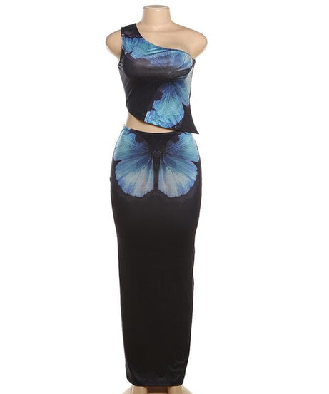 Y2K Butterfly Glam: One-Shoulder Crop Top & Maxi Skirt Set - Fall Event Ready
