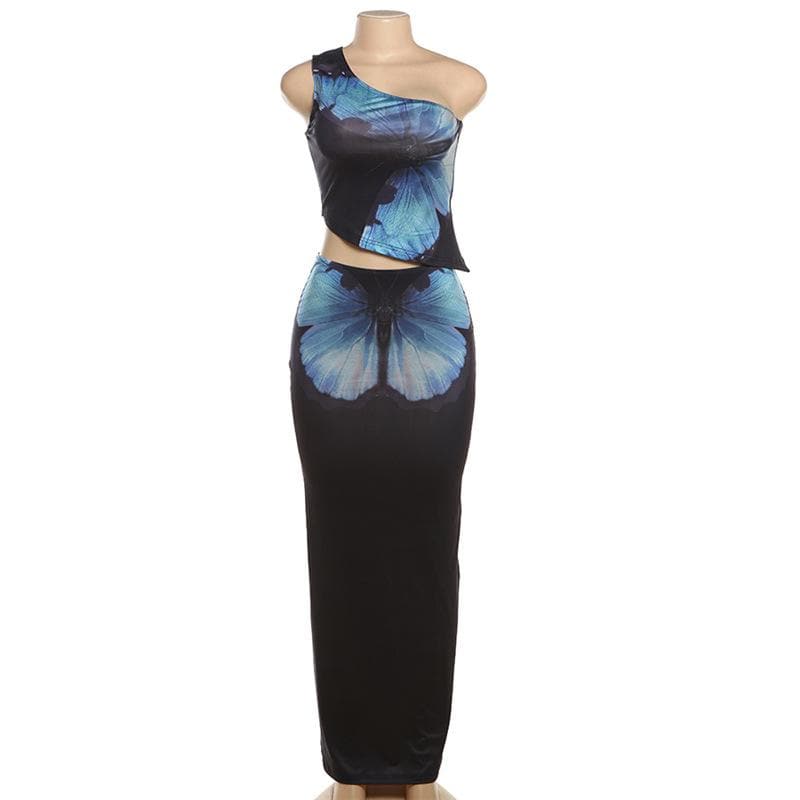 Y2K Butterfly Glam: One-Shoulder Crop Top & Maxi Skirt Set - Fall Event Ready