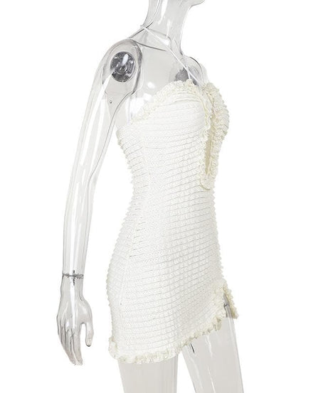 Chic White Ruffle Halter Mini Dress – Textured Bodycon for Fall Getaways & Parties