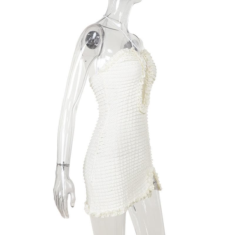 Chic White Ruffle Halter Mini Dress – Textured Bodycon for Fall Getaways & Parties