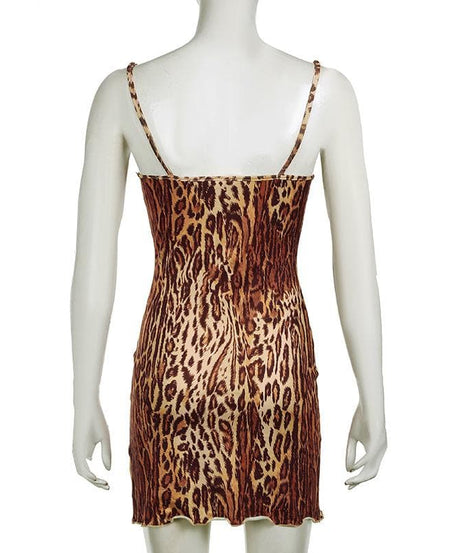 Sultry Leopard Print Cami Mini Dress | Green Lace Trim & Bow | Y2K Fall Fashion