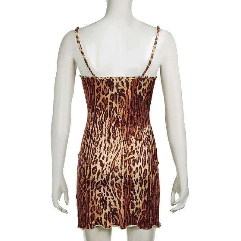 Sultry Leopard Print Cami Mini Dress | Green Lace Trim & Bow | Y2K Fall Fashion