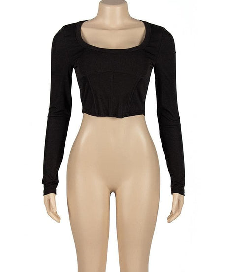 Chic Black Bustier Square Neck Long Sleeve Crop Top - Fall & Holiday Essential