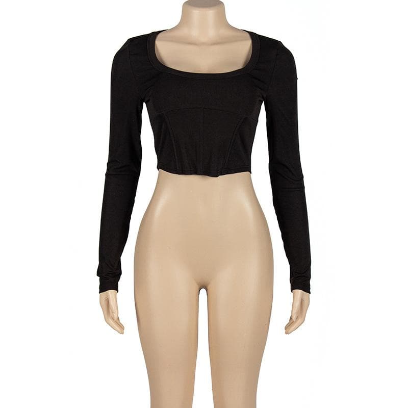 Chic Black Bustier Square Neck Long Sleeve Crop Top - Fall & Holiday Essential