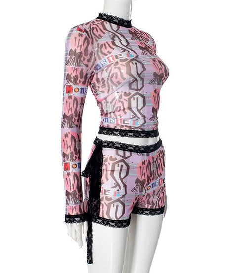 Spooky Chic Y2K Mesh "MONSTER" Print Lace Trim Crop Top & Shorts Set – Halloween & Fall Streetwear