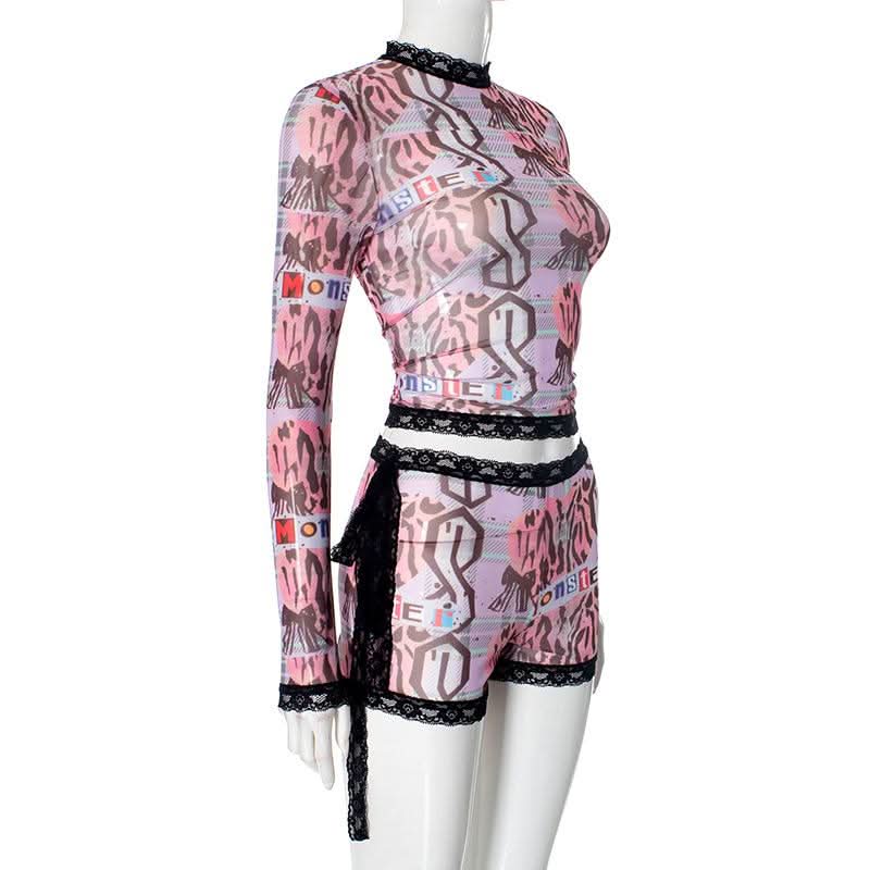Spooky Chic Y2K Mesh "MONSTER" Print Lace Trim Crop Top & Shorts Set – Halloween & Fall Streetwear