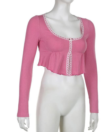 Coquette Dream Pink Lace Peplum Crop Top - Fall's Sweetest Long Sleeve