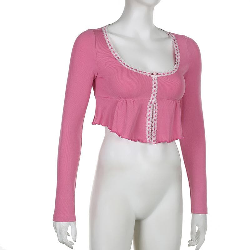 Coquette Dream Pink Lace Peplum Crop Top - Fall's Sweetest Long Sleeve