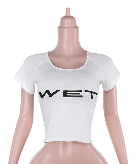 "WET" Statement Crop Top | Y2K Scoop Neck Raglan Tee for Fall & Halloween