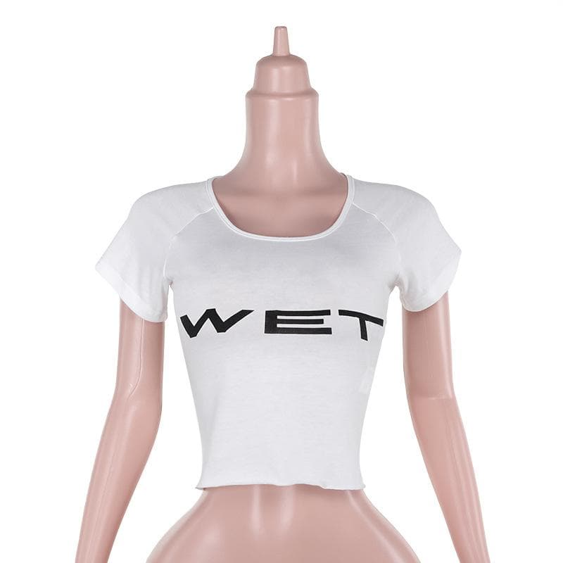 "WET" Statement Crop Top | Y2K Scoop Neck Raglan Tee for Fall & Halloween