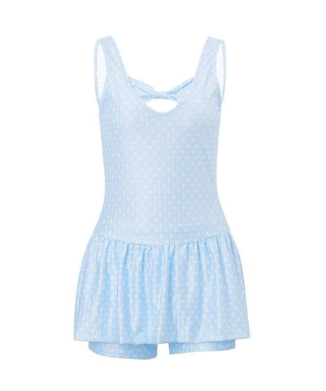 Women's Light Blue Polka Dot Swim Dress with Bowknot Detail & Shorts – Your Fall/Winter Vacation Essential