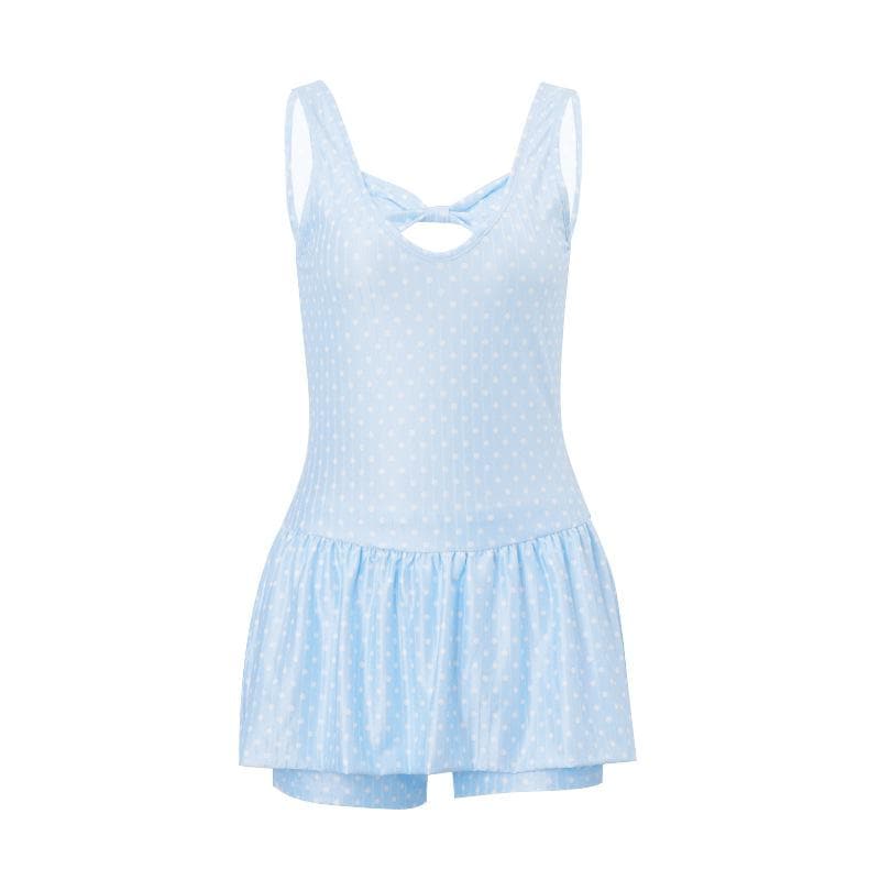 Women's Light Blue Polka Dot Swim Dress with Bowknot Detail & Shorts – Your Fall/Winter Vacation Essential