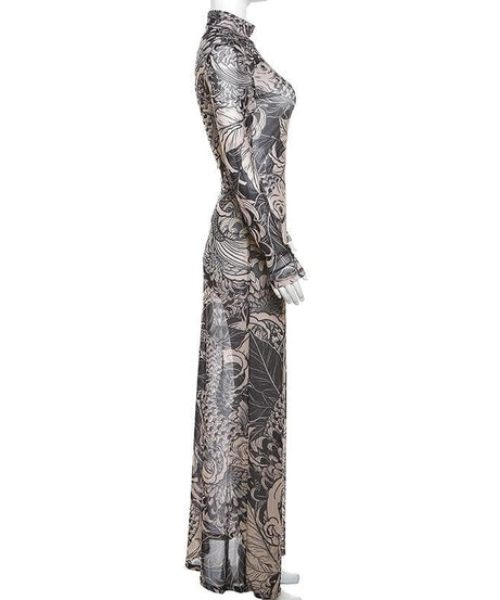 Artistic Koi Mesh Maxi Dress - Elegant High-Neck Fall Statement Piece