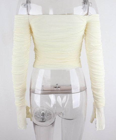 Chic Fall Nights: Black Off-Shoulder Ruched Crop Top with Slit Sleeves