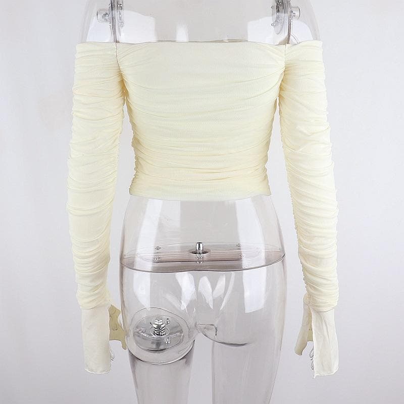 Chic Fall Nights: Black Off-Shoulder Ruched Crop Top with Slit Sleeves