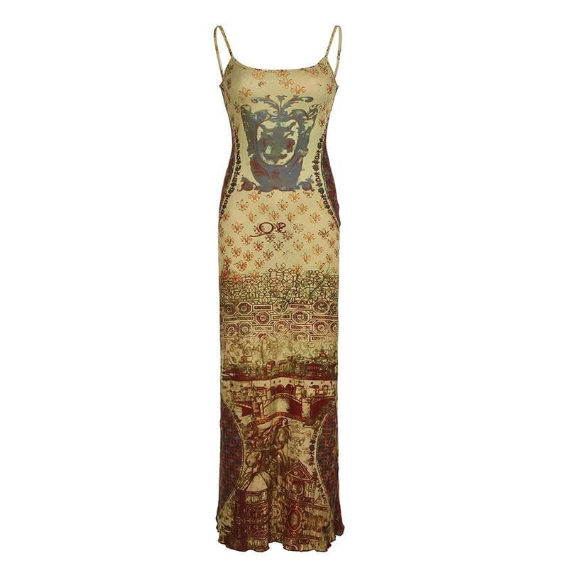 Renaissance Tapestry Print Cami Maxi Dress - Effortless Fall Style