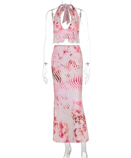 Effortless Chic Pink Floral Halter Crop Top & Maxi Skirt Set - Resort Ready Deep V Ruffle Co-ord for Tropical Getaways