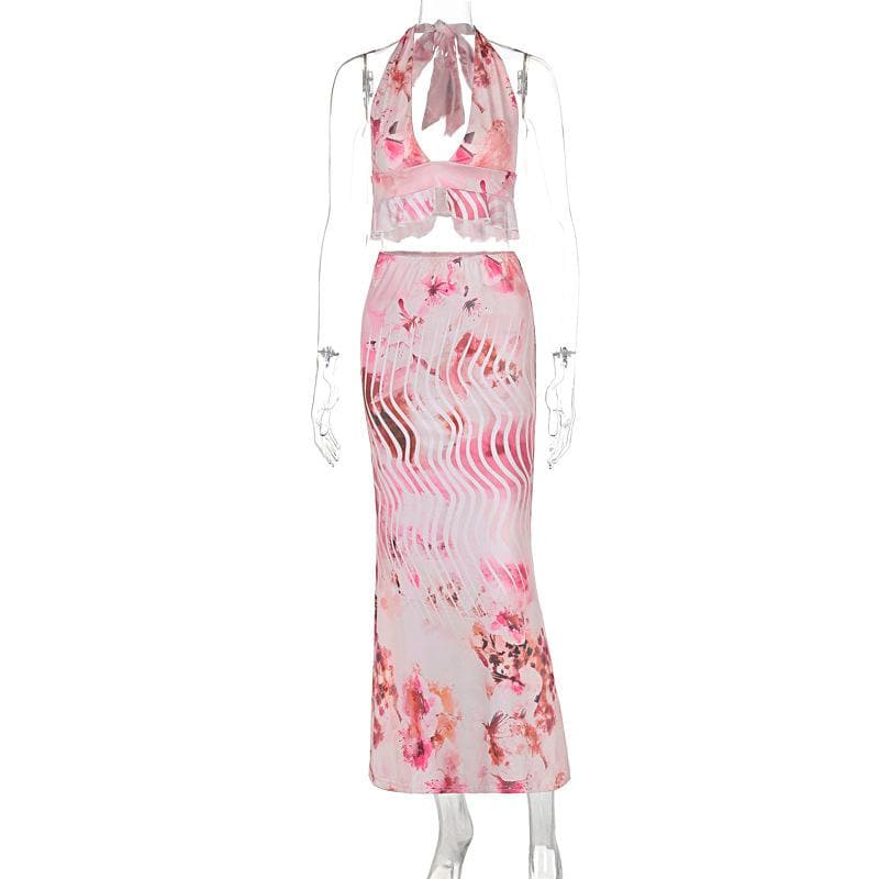 Effortless Chic Pink Floral Halter Crop Top & Maxi Skirt Set - Resort Ready Deep V Ruffle Co-ord for Tropical Getaways