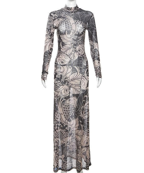 Artistic Koi Mesh Maxi Dress - Elegant High-Neck Fall Statement Piece